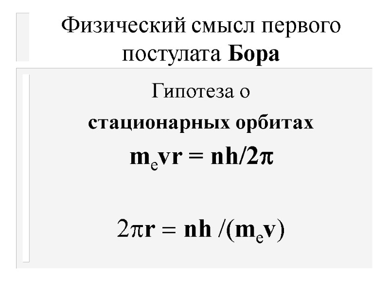 Физический смысл первого постулата Бора  Гипотеза о  стационарных орбитах mеvr = nh/2p